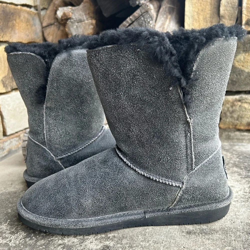 BearPaw Abigail Black Charcoal Crackle Suede Boots Sheepskin /wool Lining Sz-9.G